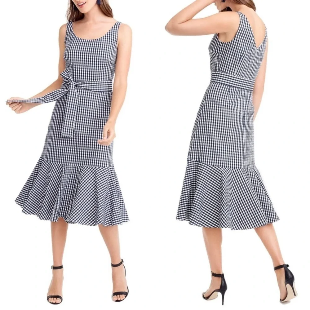 J. Crew Blue Gingham Plaid Ruffle Hem Midi Dress Size 14